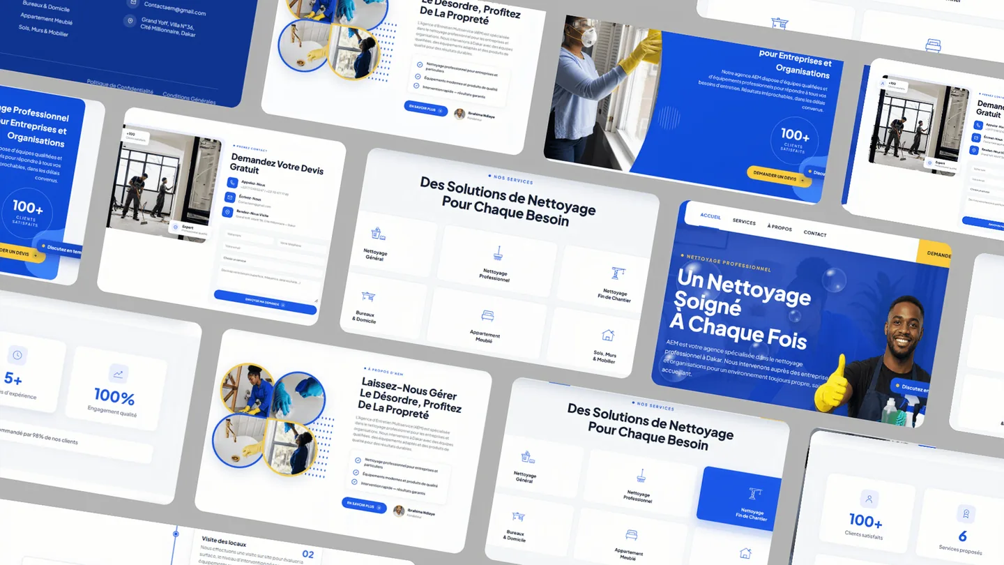 Planche des écrans du site AEM : catalogue des solutions de nettoyage, présentation de l'agence et formulaire de demande de devis