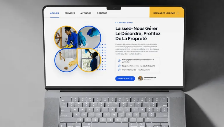 La section « À propos » du site AEM sur un ordinateur portable : photos des équipes en intervention et engagements de l'agence