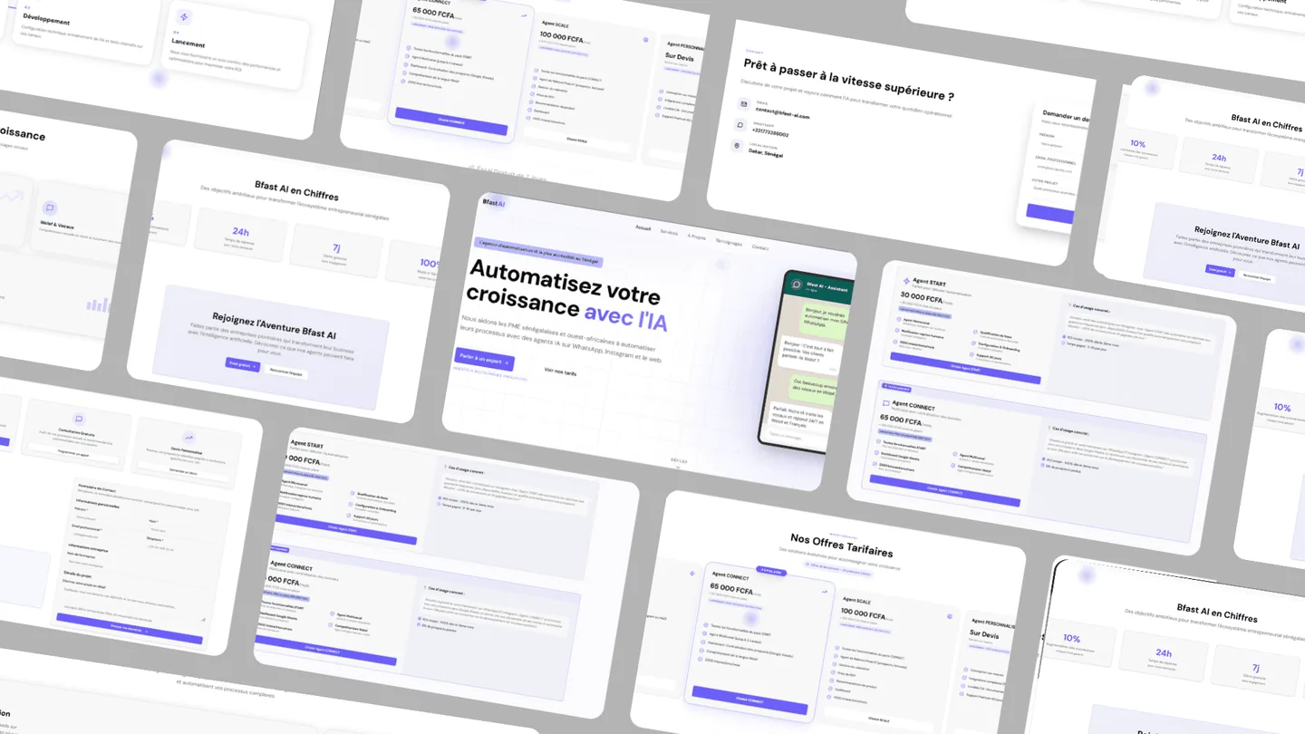 Planche des écrans du site Bfast AI : offres tarifaires des agents START, CONNECT et SCALE, chiffres de l'agence et formulaire de contact
