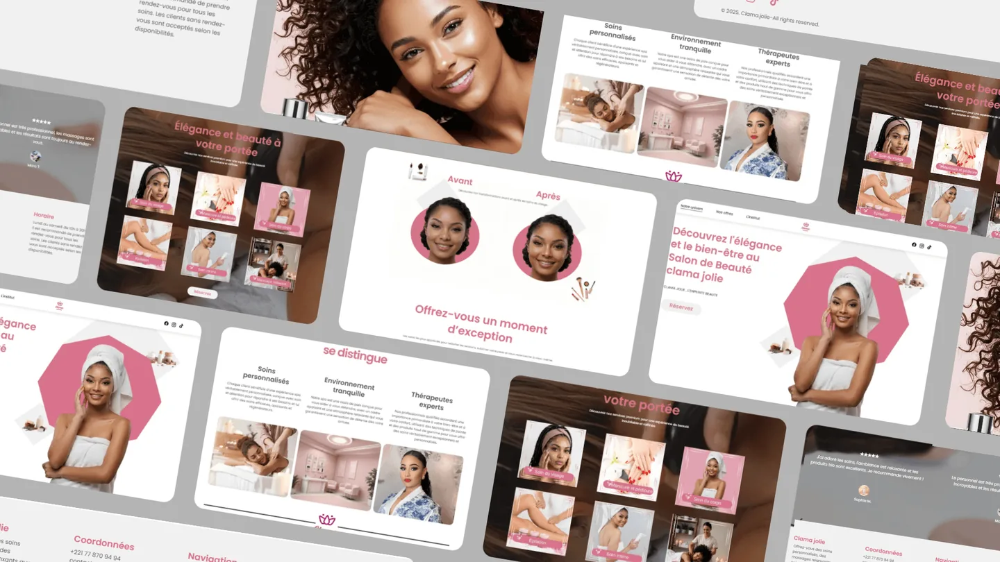 Planche des écrans du site Clama Jolie : présentation des soins, comparatif avant/après et coordonnées du salon