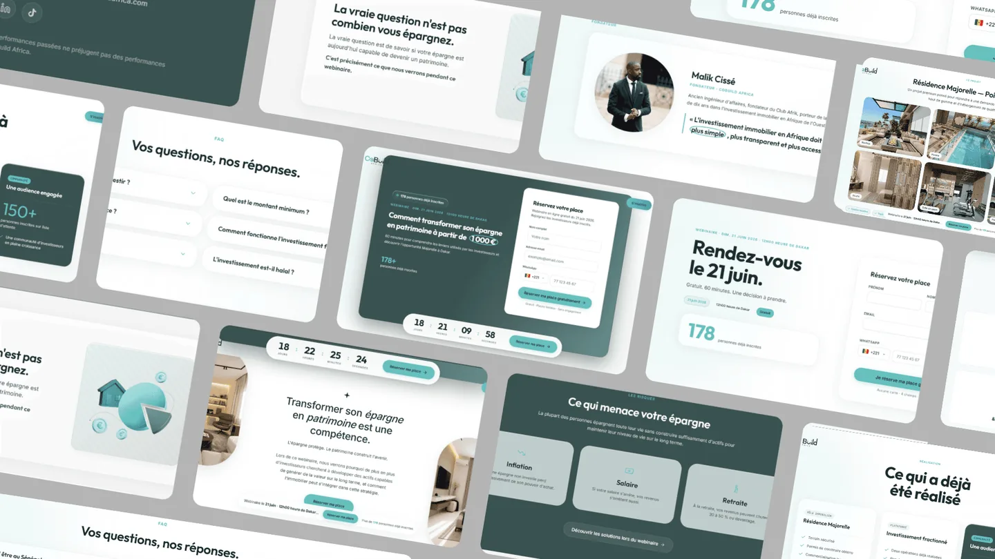 Planche des écrans de la landing page Cobuild Africa : mot du fondateur, FAQ, risques de l'épargne et rappel de la date du webinaire