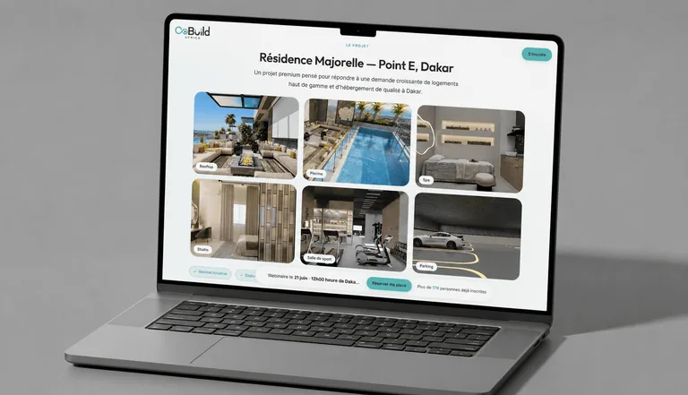 La section projet de la landing page Cobuild Africa sur un ordinateur portable : la Résidence Majorelle au Point E à Dakar en six visuels