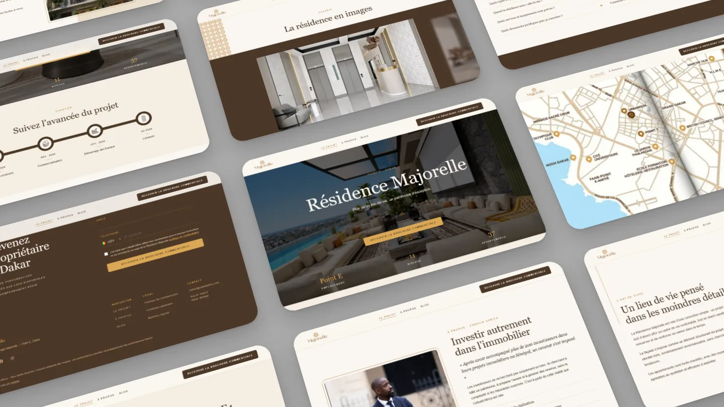 Planche des écrans du site de la Résidence Majorelle : galerie de la résidence, plan du quartier, chantier, appartements, à propos de Cobuild Africa et formulaire de brochure