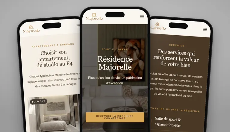 Le site de la Résidence Majorelle sur trois téléphones : l’accueil, le choix des appartements du studio au F4 et les services de la résidence