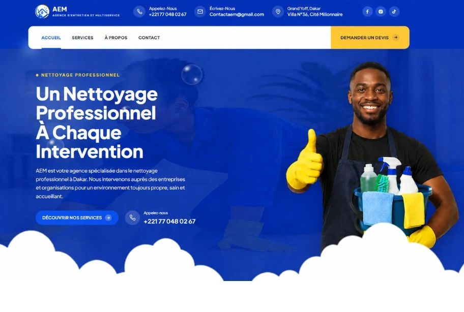 Site vitrine d'AEM, agence d'entretien multiservice à Dakar, réalisé par WEBMA