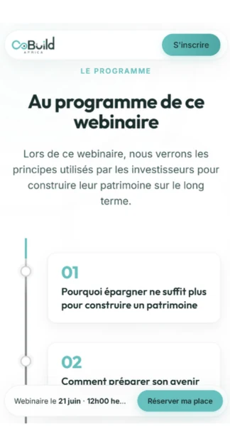 La landing page Cobuild Africa sur téléphone