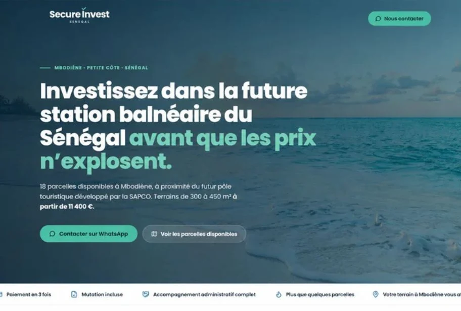 Landing page de Secure Invest, investissement foncier au Sénégal, réalisée par WEBMA