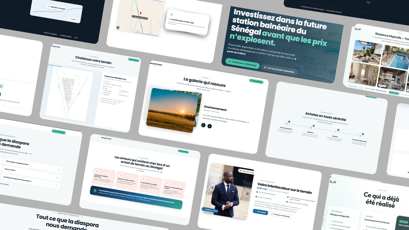 Planche des écrans de la landing page Secure Invest : plan de lotissement de Mbodiène City, galerie du terrain, étapes d'achat sécurisé et foire aux questions de la diaspora