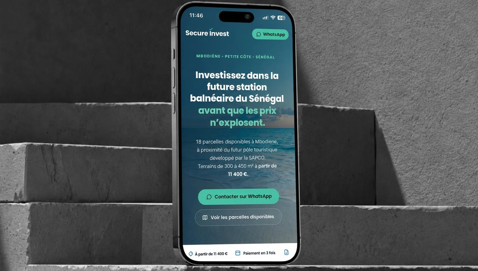 La landing page Secure Invest sur téléphone : prix de départ des parcelles, bouton WhatsApp et accès au plan des parcelles disponibles